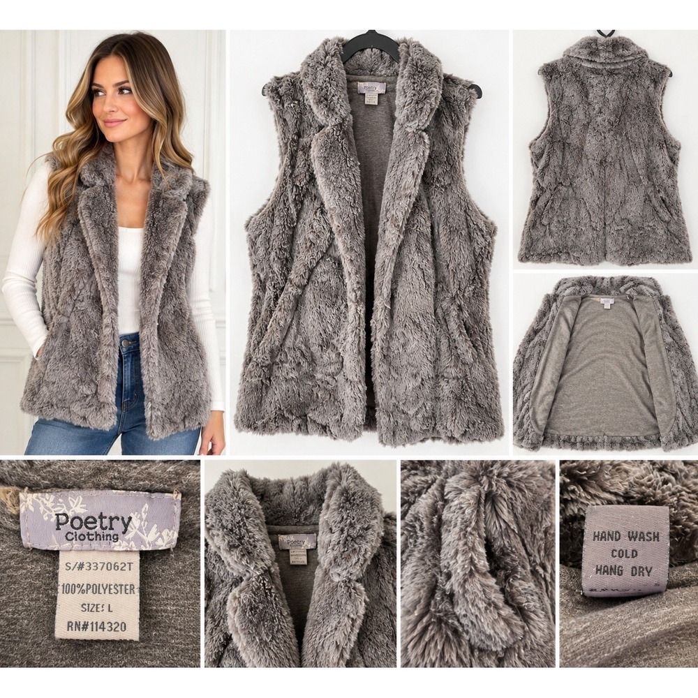 Poetry Clothing Womens L Gray Faux Fur Shaggy Open Front Vest Boho